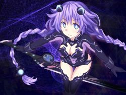 Rule 34 | 10s, 1girl, black thighhighs, blue eyes, braid, breasts, cleavage, covered navel, emblem, from above, gloves, hair ornament, holding, holding weapon, inamori (azcat), leotard, light smile, long hair, looking at viewer, magical girl, neptune (neptunia), neptune (series), outstretched arms, power symbol, power symbol-shaped pupils, purple hair, purple heart (neptunia), smile, solo, spread arms, sword, symbol-shaped pupils, thigh gap, thighhighs, twin braids, vambraces, very long hair, weapon