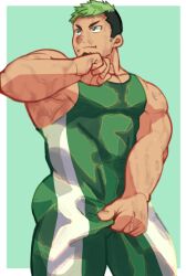 Rule 34 | 1boy, bara, black hair, covered abs, cowboy shot, dark-skinned male, dark skin, facial hair, goatee, green hair, ikusaba daisuke, looking to the side, male focus, multicolored hair, muscular, muscular male, pectoral cleavage, pectorals, ragi san (ononokomachiimo), short hair, sideburns stubble, sidepec, singlet, solo, standing, stubble, sweat, sweaty clothes, thick eyebrows, thick thighs, thighs, tokyo houkago summoners, two-tone hair, very sweaty, wrestling outfit