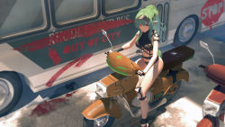 Rule 34 | 1girl, absurdres, arknights, arm strap, bare shoulders, black hat, black one-piece swimsuit, breasts, bus, casual one-piece swimsuit, chinese commentary, closed mouth, commentary request, day, english text, feet out of frame, gavial (arknights), green hair, hat, heiyizhushenxia, highres, long hair, medium breasts, motor vehicle, official alternate costume, one-piece swimsuit, orange eyes, outdoors, pointy ears, ponytail, road, scooter, sidelocks, sitting, solo, street, swimsuit, v-shaped eyebrows, visor cap