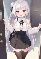 Rule 34 | 1girl, :d, absurdres, bare shoulders, black skirt, black thighhighs, braid, breasts, center frills, collared shirt, commentary request, copyright request, detached sleeves, frilled skirt, frills, grey hair, hair bun, hands up, highres, large breasts, long hair, long sleeves, looking at viewer, ochinsama, one side up, open door, open mouth, pleated skirt, puffy long sleeves, puffy sleeves, red eyes, shirt, single side bun, skirt, sleeveless, sleeveless shirt, smile, solo, thighhighs, very long hair, white shirt, white sleeves
