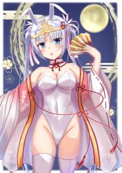 Rule 34 | 1girl, absurdres, animal ears, arm up, bare shoulders, blue eyes, blush, breasts, cleavage, covered navel, crown, detached collar, fake animal ears, folding fan, gluteal fold, hair ornament, hand fan, headpiece, highres, japanese clothes, kimono, large breasts, leotard, looking at viewer, miko, moon, night, open mouth, pink kimono, playboy bunny, rabbit ears, ribbon trim, rio (lio yuzu), saishi, senren banka, standing, tassel, thighhighs, thighs, tiara, tomotake yoshino, twintails, white hair, white thighhighs, yuzu-soft
