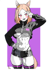 Rule 34 | 1girl, abs, alternate costume, animal ears, black jacket, black shorts, black thighhighs, blonde hair, blush, border, breasts, commentary request, cropped jacket, ear covers, ear ornament, gluteal fold, hand on own hip, highres, horse ears, horse girl, jacket, limited palette, looking at viewer, medium breasts, medium hair, midriff, narita top road (umamusume), navel, open mouth, outside border, purple background, short shorts, shorts, single ear cover, smile, solo, teeth, thighhighs, thighs, umamusume, underboob, upper teeth only, white border, yaki apple