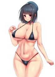 Rule 34 | 10s, 1girl, beret, bikini, black bikini, black hair, breasts, cleavage, curvy, hat, ishimiso (ishimura), kantai collection, large breasts, looking at viewer, navel, red eyes, shiny skin, short hair, smile, solo, standing, swimsuit, takao (kancolle), thick thighs, thighs, thong, thong bikini, wide hips