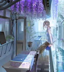 Rule 34 | 1girl, aspara, black eyes, blush, brown hair, chair, flower, highres, looking at viewer, original, plant, potted plant, railing, short hair, sitting, smile, solo, table, tablecloth, window, wisteria