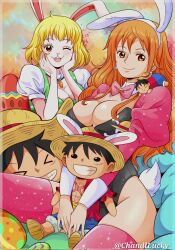 Rule 34 | 2girls, blonde hair, breasts, carrot (one piece), chandllucky, character doll, cleavage, highres, large breasts, monkey d. luffy, multiple girls, nami (one piece), one piece, orange hair, smile