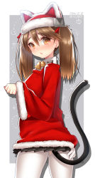 Rule 34 | 10s, 1girl, animal hat, bell, blush, brown eyes, brown hair, cat hat, cat tail, gloves, hat, hattori masaki, heart, heart-shaped pupils, highres, kantai collection, long hair, long sleeves, looking at viewer, pantyhose, ryuujou (kancolle), santa costume, single glove, skirt, solo, symbol-shaped pupils, tail, torn clothes, torn pantyhose, twintails, white gloves, white pantyhose, wide sleeves