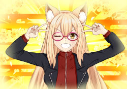 Rule 34 | 1girl, absurdres, animal ear fluff, animal ears, bad id, bad pixiv id, black jacket, blonde hair, blush, breasts, double v, egasumi, emotional engine - full drive, fate/extra, fate/extra ccc, fate/extra ccc fox tail, fate/grand order, fate (series), floral background, fox ears, fox girl, glasses, grin, hair between eyes, hands up, highres, jacket, large breasts, long hair, long sleeves, looking at viewer, one eye closed, open clothes, open jacket, oraju, parody, red-framed eyewear, red shirt, shirt, smile, solo, sunburst, sunburst background, suzuka gozen (fate), suzuka gozen (traveling outfit) (fate), v, yellow background, yellow eyes, zipper