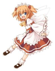 Rule 34 | 1girl, ascot, blue eyes, dress, fairy wings, fang, full body, hirasaka makoto, long sleeves, looking at viewer, lowres, official art, open mouth, orange hair, puffy sleeves, shoes, short twintails, simple background, solo, sunny milk, touhou, touhou sangetsusei, twintails, white background, wings