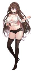 Rule 34 | 1girl, absurdres, bare shoulders, black footwear, black hairband, black shorts, blush, boots, breasts, brown hair, choker, cleavage, closed mouth, clothing cutout, collarbone, commission, contrapposto, crop top, full body, hair between eyes, hairband, halterneck, hand on own hip, high heel boots, high heels, highres, hyoin, large breasts, leg up, long hair, long sleeves, looking at viewer, micro shorts, midriff, navel, original, purple eyes, scarf, shirt, short shorts, shorts, shoulder cutout, simple background, smile, solo, stomach, thigh boots, thighhighs, thighs, tsurime, very long hair, white background, white shirt