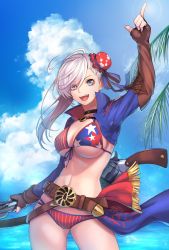 Rule 34 | 1girl, :d, american flag bikini, american flag print, arm up, asymmetrical hair, belt, bikini, blue eyes, blue jacket, blue sky, breasts, brown gloves, bun cover, choker, cleavage, cloud, cropped jacket, fate/grand order, fate (series), fingerless gloves, flag print, gloves, grey hair, gunblade, hair bun, hair ribbon, high collar, index finger raised, jacket, large breasts, long hair, looking at viewer, miyamoto musashi (fate), miyamoto musashi (fate/grand order), miyamoto musashi (swimsuit berserker) (fate), miyamoto musashi (swimsuit berserker) (second ascension) (fate), multicolored clothes, multicolored swimsuit, navel, ocean, open mouth, outdoors, print bikini, print swimsuit, re (re 09), ribbon, side bun, single side bun, single sidelock, sky, smile, standing, swept bangs, swimsuit, thighs, two-tone swimsuit, underboob, water, weapon