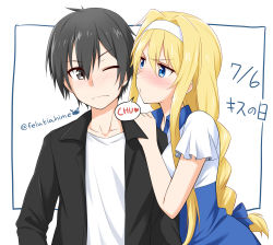 Rule 34 | 1boy, 1girl, alice zuberg, black eyes, black hair, black jacket, blonde hair, blue eyes, blue hairband, blush, braid, closed mouth, collarbone, commentary request, dress, felutiahime, hairband, highres, jacket, kirito, long hair, looking at another, one eye closed, open clothes, shirt, short hair, short sleeves, single braid, sword art online, upper body, white shirt