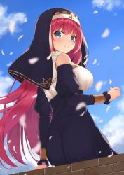 Rule 34 | 1girl, avila (oshiro project), bare shoulders, blue eyes, blush, breasts, detached sleeves, from behind, large breasts, long hair, looking at viewer, looking back, midoriyama soma, nun, oshiro project:re, oshiro project:re, red hair, sitting, smile, solo