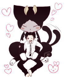 Rule 34 | 1boy, ao no exorcist, black hair, blacky, blush, cat, collared shirt, demon, demon tail, heart, horns, kiss, long sleeves, looking at viewer, necktie, no shoes, okumura rin, one eye closed, open mouth, pants, shirt, simple background, sitting, smile, striped neckwear, tail, white background, white shirt, wince