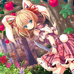 Rule 34 | 1girl, animal ears, apple, back, blonde hair, blue eyes, bow, rabbit ears, rabbit tail, bush, combat knife, dutch angle, flower, food, fruit, hair bow, hair ornament, hair ribbon, holding, knife, looking at viewer, lowres, original, outdoors, rabbit girl, red apple, ribbon, shiwasu horio, solo, standing, tail, thighhighs, tree, weapon, wrist cuffs, zettai ryouiki