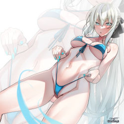 Rule 34 | 1girl, :o, armpit crease, armpit peek, ass, bare shoulders, bikini, black bow, blue bikini, blue eyes, blue nails, blush, bow, breasts, cleavage, collarbone, eyelashes, fate/grand order, fate (series), feet out of frame, frontal wedgie, gluteal fold, hair between eyes, hair bow, highres, holding, holding clothes, holding swimsuit, long hair, looking at viewer, looking down, medium breasts, micro bikini, midriff, morgan le fay (fate), nail polish, navel, open mouth, panties, panty pull, parted lips, sanazura hiroyuki, signature, stomach, string bikini, swimsuit, thick thighs, thighs, underwear, very long hair, watermark, web address, wedgie, white hair, wide hips