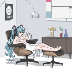 Rule 34 | 1girl, alternate costume, aqua hair, bare shoulders, barefoot, blush, bong, coughing, dress, drugs, eames chair, feet, hatsune miku, headphones, highres, holding, holding lighter, lamp, lighter, long hair, mondrian (design), nail polish, on chair, open mouth, platinum record, record, shoulder tattoo, solo, spring onion, tattoo, toenail polish, toenails, toes, tongue, tongue out, truffleduster, twintails, vocaloid, white dress