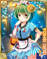 Rule 34 | 1girl, alternate costume, apron, blood, bucket, candy, card, character name, closed mouth, cosplay, dress, food, fossil, girlfriend (kari), graveyard, green hair, hair ornament, halloween, hand on own face, ishida isuki, lamp, lollipop, maid, makeup, night, official art, outdoors, qp:flapper, scar, short hair, smile, stitches, striped clothes, striped dress, tagme, tombstone, tree, trick or treat, yellow eyes