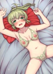 Rule 34 | 1girl, ahoge, anna mel, armpits, arms up, bare arms, bed sheet, blush, bra, breasts, collarbone, from above, green bra, green eyes, green hair, green panties, highres, lace, lace-trimmed bra, lace-trimmed panties, lace trim, lingerie, long hair, looking at viewer, lying, magia record: mahou shoujo madoka magica gaiden, mahou shoujo madoka magica, medium breasts, navel, nipples, on back, on bed, open mouth, panties, pillow, ponytail, see-through, solo, sphere stone, spread legs, stomach, underwear, underwear only