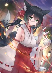 Rule 34 | 1girl, animal ear fluff, animal ears, bare shoulders, bell, black hair, breasts, commentary, detached sleeves, english commentary, fox ears, fox mask, fox tail, frown, glasses, green eyes, green hair, hair bell, hair between eyes, hair ornament, hair ribbon, hakama, hakama skirt, highres, holding, holding mask, japanese clothes, jingle bell, kemonomimi mode, long hair, looking at viewer, mask, medium breasts, miko, multicolored hair, multiple tails, neonbeat, original, outdoors, rectangular eyewear, red hakama, red ribbon, ribbon, ribbon-trimmed sleeves, ribbon trim, semi-rimless eyewear, signature, skirt, solo, tail, tharkis, torii, twintails, under-rim eyewear, wide sleeves