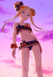 Rule 34 | 1girl, :o, abigail williams (emerald float) (fate), abigail williams (fate), bare shoulders, bikini, black bikini, black bow, blue eyes, bow, cloud, commentary request, double bun, emerald float, fate/grand order, fate (series), flat chest, forehead, frilled bikini, frills, hair bow, hair bun, head tilt, highres, looking at viewer, mimizubare, navel, official alternate costume, orange bow, orange scrunchie, outdoors, parted bangs, parted lips, polka dot, polka dot bow, scrunchie, side bun, sky, solo, standing, sunset, swimsuit, wet, wrist scrunchie