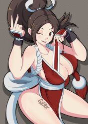 Rule 34 | 1girl, bare shoulders, breasts, brown hair, cleavage, fatal fury, female focus, geok, hand fan, highres, large breasts, long hair, ninja, one eye closed, pelt, ponytail, shiranui mai, sleeveless, solo, the king of fighters