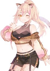 Rule 34 | 1girl, ;3, absurdres, animal ear fluff, animal ears, bare shoulders, belt, black shirt, black shorts, blonde hair, breasts, chariot.f, claw pose, cleavage, closed mouth, cowboy shot, crop top, cropped jacket, fishnet pantyhose, fishnets, hand up, highres, indie virtual youtuber, jacket, jewelry, leopard ears, leopard girl, leopard tail, likelo, long hair, long sleeves, looking at viewer, medium breasts, midriff, mole, mole under eye, multicolored hair, nail polish, navel, necklace, off-shoulder jacket, off shoulder, official art, one eye closed, orange eyes, pantyhose, ponytail, revealing clothes, see-through, shirt, short shorts, shorts, side slit, simple background, sleeveless, sleeveless shirt, smile, solo, standing, stomach, streaked hair, tail, tail raised, virtual youtuber, white background, white jacket