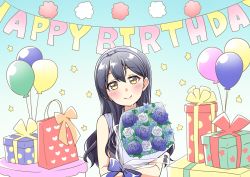 Rule 34 | 1girl, bad id, bad twitter id, balloon, blue flower, blue hair, blush, bouquet, box, commentary request, flower, gift, gift box, hair between eyes, hairband, happy birthday, heart, highres, holding, holding bouquet, long hair, looking at viewer, love live!, love live! school idol festival, love live! school idol project, sleeveless, smile, solo, sonoda umi, takochan77, yellow eyes