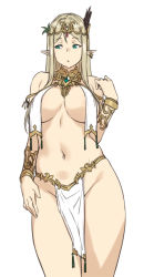 Rule 34 | 1girl, areola slip, arm at side, bare shoulders, blue eyes, bracelet, breast curtains, breasts, circlet, earrings, elf, hand on own thigh, houtengeki, houtengeki&#039;s elf girl, jewelry, large breasts, light brown hair, long hair, looking away, navel, original, parted bangs, pelvic curtain, pointy ears, revealing clothes, sidelocks, simple background, single earring, sketch, solo, standing, stomach, white background