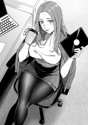 Rule 34 | 1girl, absurdres, blush, breasts, chair, computer, crossed legs, cup, disposable cup, greyscale, highres, holding, jacket, jacket on shoulders, kyuuso inukami, laptop, large breasts, long hair, monochrome, office chair, office lady, original, pantyhose, pencil skirt, sitting, skirt, solo, swivel chair, tablet pc