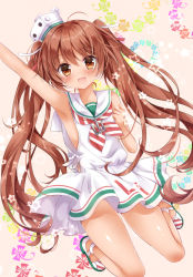 Rule 34 | 10s, 1girl, :d, blush, brown eyes, brown hair, dark-skinned female, dark skin, dress, fang, kantai collection, libeccio (kancolle), long hair, nogi takayoshi, open mouth, sailor dress, smile, solo, twintails