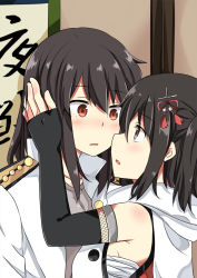 Rule 34 | 10s, 2girls, bare shoulders, blush, breasts, brown eyes, elbow gloves, female admiral (kancolle), gloves, hand on another&#039;s head, jitai, kantai collection, long hair, looking at viewer, medium breasts, military, military uniform, multiple girls, naval uniform, open clothes, open mouth, remodel (kantai collection), sailor collar, sarashi, scarf, sendai (kancolle), short hair, sideboob, two side up, uniform, white scarf, yuri