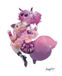 Rule 34 | 1girl, absurdres, animal ear fluff, animal ears, arknights, black bra, black footwear, bow, bra, collar, commentary, cropped jacket, eyewear on head, food, fox ears, fox tail, from behind, full body, hair ornament, hair ribbon, hairclip, heart, heart hair ornament, high heels, highres, holding, holding stuffed toy, infection monitor (arknights), jacket, large tail, liangjing, long hair, looking at viewer, looking back, nail polish, off shoulder, orange ribbon, parted lips, pink bow, pink eyes, pink hair, pink nails, pink skirt, popsicle, purple skirt, ribbon, round eyewear, see-through, see-through jacket, shamare (arknights), signature, simple background, skirt, solo, stuffed toy, sunglasses, tail, thighhighs, two side up, underwear, white background, white thighhighs