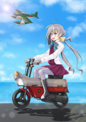 Rule 34 | 1girl, absurdres, ahoge, aircraft, airplane, blue sky, boots, bow, bowtie, cloud, commentary request, cross-laced footwear, day, driving, e16a zuiun, full body, grey eyes, grey hair, grey pantyhose, hair between eyes, hair bun, halterneck, highres, honda motocompo, horizon, kantai collection, kiyoshimo (kancolle), lace-up boots, lens flare, long hair, low twintails, minibike, motor vehicle, motorcycle, ocean, outdoors, pantyhose, riding, shirt, single hair bun, sky, skypixter, solo, twintails, vehicle focus, very long hair, white shirt