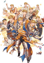Rule 34 | 1boy, :o, alternate costume, alternate hairstyle, armor, ball, beret, blonde hair, blush, bouquet, bow, bowtie, bread, character name, cleavage cutout, closed eyes, clothing cutout, collage, cover, cover page, english text, fanbook, flower, food, full body, fur gloves, gloves, granblue fantasy, green eyes, hat, higashigunkan, hood, hood up, hoodie, large pectorals, leg armor, long sleeves, looking at viewer, looking to the side, looking up, lying, male focus, multiple persona, muscular, muscular male, on stomach, one eye closed, open clothes, open mouth, paint, paint splatter, paint splatter on face, pants, pectorals, revealing clothes, sandwich, sash, shirt, short sleeves, shouting, sleeveless, sleeves rolled up, smile, smirk, star (symbol), teeth, topless male, towel, vambraces, vane (granblue fantasy), vane (the dragon knights) (granblue fantasy), white shirt