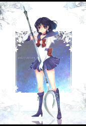 Rule 34 | 1990s (style), 1girl, albatross m, bishoujo senshi sailor moon, black hair, boots, bow, brooch, character name, choker, cross-laced footwear, crystal, earrings, elbow gloves, full body, gloves, high heel boots, high heels, highres, holding, holding polearm, holding spear, holding weapon, jewelry, knee boots, letterboxed, pleated skirt, polearm, purple eyes, purple footwear, purple skirt, red bow, retro artstyle, sailor saturn, shoes, short hair, silence glaive, skirt, solo, spear, standing, star brooch, tomoe hotaru, weapon, white gloves