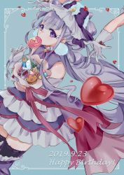 Rule 34 | 1girl, 2019, black thighhighs, blue background, boots, bouquet, bow, cure amour, dated, detached sleeves, dress, floating hair, flower, frilled boots, frills, gloves, grey gloves, grey sleeves, hair between eyes, hair bow, hair ornament, happy birthday, heart, highres, holding, holding bouquet, hugtto! precure, layered dress, long hair, makeup, mascara, precure, purple bow, purple eyes, purple footwear, purple hair, ruru amour, shipu (gassyumaron), short dress, sleeveless, sleeveless dress, solo focus, thigh boots, thighhighs, very long hair, zettai ryouiki