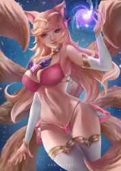 Rule 34 | 1girl, ahri (league of legends), alternate costume, alternate eye color, alternate hair color, animal ears, bare shoulders, bikini, blonde hair, boots, breasts, choker, cleavage, detached sleeves, fox ears, fox tail, hair ornament, hairband, large breasts, league of legends, legs, lips, long hair, magical girl, nail polish, purple eyes, star guardian (league of legends), star guardian ahri, swimsuit, tail, thigh boots, thighhighs, thighs, variouzzz, white thighhighs