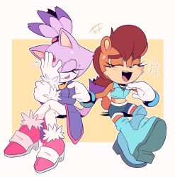 Rule 34 | 2girls, blaze the cat, boots, brown hair, closed eyes, crop top, dress, flying sweatdrops, forehead jewel, furry, furry female, gloves, high heels, highres, laughing, multiple girls, open mouth, purple dress, sally acorn, shoes, shorts, smile, sonic (series), stellarspin, sweatdrop, white gloves
