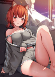 Rule 34 | 1girl, ahoge, animal ear fluff, animal ears, arm support, bare legs, bare shoulders, blunt bangs, blush, breasts, collarbone, curtains, dolphin shorts, feet out of frame, hair ornament, hairclip, highres, indoors, leaning back, long sleeves, looking at viewer, medium breasts, navel, nijisanji, open clothes, open shirt, orange eyes, parted lips, ponytail, ratna petit, red hair, red panda ears, short ponytail, shorts, sidelocks, sitting, sleeves past wrists, solo, strap slip, sweat, thighs, virtual youtuber, window, x hair ornament, yuuri nayuta