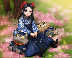 Rule 34 | 1girl, alternate costume, asirpa, black footwear, black hair, blue eyes, blue hakama, boots, bow, closed mouth, day, earrings, full body, golden kamuy, hair bow, hakama, hakama skirt, high heel boots, high heels, japanese clothes, jewelry, kimono, long hair, long sleeves, looking at viewer, mitsuya, parted bangs, red bow, shoe soles, sitting, skirt, solo, spring (season)