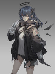 Rule 34 | 1girl, absurdres, arknights, black jacket, black scarf, black shorts, blue eyes, blue hair, buckle, chinese commentary, commentary, cowboy shot, demon horns, energy wings, fur-trimmed hood, fur trim, gloves, gradient background, grey background, halo, highres, holding, holding knife, holding weapon, hood, horns, jacket, knife, long hair, long sleeves, mostima (arknights), open clothes, open jacket, scarf, scarf pull, shirt, short shorts, shorts, solo, standing, strap, weapon, white gloves, white shirt, ysy (ysy 0219), zipper, zipper pull tab
