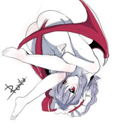 Rule 34 | 1girl, ass, bad id, bad pixiv id, barefoot, bat wings, blush, full body, hugging own legs, kedama milk, looking at viewer, nude, pale skin, pointy ears, red eyes, remilia scarlet, silver hair, simple background, sketch, smile, solo, touhou, upside-down, white background, wings