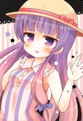 Rule 34 | 1girl, :d, bad id, bad pixiv id, bare arms, bare shoulders, blue bow, blunt bangs, blush, bow, breasts, commentary request, dress, hair bow, hand up, hat, hat bow, long hair, looking at viewer, mashiro miru, open mouth, patchouli knowledge, pink bow, polka dot, purple eyes, purple hair, sleeveless, sleeveless dress, small breasts, smile, solo, star (symbol), striped background, striped clothes, striped dress, touhou, vertical-striped clothes, vertical-striped dress, very long hair, yellow hat