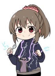 Rule 34 | 1girl, arms up, blue sweater, blush, brown hair, cat shooting lightning, character request, clenched hand, closed mouth, hair ornament, hair scrunchie, high ponytail, holding, holding spoon, idolmaster, idolmaster cinderella girls, long sleeves, looking at viewer, meme, meme request, moru (monaka), pink eyes, pink scrunchie, scrunchie, short hair, simple background, smile, solo, spoon, sweater, v-shaped eyebrows, white background
