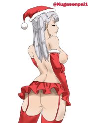 Rule 34 | 1girl, arm sleeves, arm under breasts, ass, black clover, bottomless, breasts, christmas, closed eyes, closed mouth, cosplay, hat, holding own arm, kugasenpai1, long hair, miniskirt, nipples, no bra, no panties, noelle silva, santa claus, santa claus (cosplay), santa costume, santa hat, sideboob, silver hair, skirt, solo, standing, thighs, traced, twintails, watermark, white background