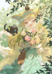 Rule 34 | 1girl, :d, ^ ^, absurdres, animal, animal ear fluff, animal ears, arknights, bag, black cat, blonde hair, blue dress, blue hairband, blurry, blurry background, blush, bouquet, cat, closed eyes, commentary request, depth of field, dress, facing viewer, flower, fox ears, fox girl, fox tail, frilled dress, frilled hairband, frills, hairband, highres, innoarukugyou, jacket, kitsune, long hair, long sleeves, luo xiaohei, hugging object, on head, open mouth, pink flower, pink rose, puffy long sleeves, puffy sleeves, rose, shoulder bag, smile, suzuran (arknights), suzuran (spring praise) (arknights), tail, teeth, luo xiaohei zhanji, upper teeth only, very long hair, white flower, white jacket, white rose, yellow flower, yellow rose