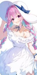 Rule 34 | 1girl, :d, absurdres, bead bracelet, beads, blue choker, blue hair, blue ribbon, blush, bracelet, braid, breasts, choker, cleavage, darjeeling (reley), dress, hat, hat ribbon, highres, hololive, jewelry, long hair, looking at viewer, minato aqua, multicolored hair, off-shoulder dress, off shoulder, open mouth, pink hair, purple eyes, ribbon, ribbon choker, simple background, skirt hold, smile, solo, sun hat, twin braids, twintails, two-tone hair, virtual youtuber, white background, white dress, white hat