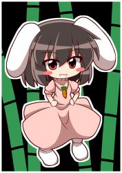 Rule 34 | 1girl, animal ears, bamboo, blush, blush stickers, border, brown hair, carrot necklace, chibi, commentary, damiwi, dress, flat chest, floppy ears, full body, grin, hair between eyes, highres, inaba tewi, jewelry, long dress, looking at viewer, necklace, no shoes, outline, pink dress, rabbit ears, rabbit girl, red eyes, short hair, smile, socks, solo, touhou, white border, white outline, white socks