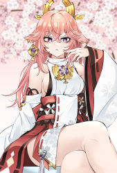 Rule 34 | 1girl, absurdres, animal ears, arm support, bad id, bad pixiv id, bare legs, bare shoulders, breasts, cherry blossoms, crossed bangs, crossed legs, detached sleeves, earrings, floppy ears, floral print, fox ears, genshin impact, hair between eyes, hair ornament, hakama, highres, japanese clothes, jewelry, long hair, looking at viewer, low-tied long hair, medium breasts, mitsudomoe (shape), nontraditional miko, obiage, outdoors, parted lips, patpang, pendant, pink hair, purple eyes, red skirt, ribbon-trimmed sleeves, ribbon trim, shirt, sideboob, sitting, skirt, sleeveless, sleeveless shirt, solo, tomoe (symbol), tree, turtleneck, vision (genshin impact), white shirt, white sleeves, wide sleeves, yae miko