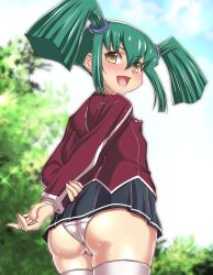 Rule 34 | 1girl, ass, blush, breasts, from behind, from below, green hair, hajime shindo, hands behind, highres, legs, luca (yu-gi-oh!), open mouth, panties, pantyshot, pig tail, school uniform, skirt, small breasts, smile, tail, thick thighs, thighhighs, thighs, underwear, upskirt, yu-gi-oh!, yu-gi-oh! 5d&#039;s